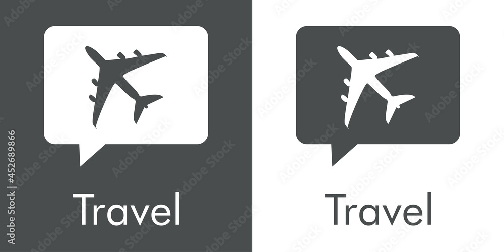 Logotipo con texto Travel y silueta de avión en burbuja de habla en fondo gris y fondo blanco Logotipo con texto Travel y silueta de avión en burbuja de habla en fondo gris y fondo blanco