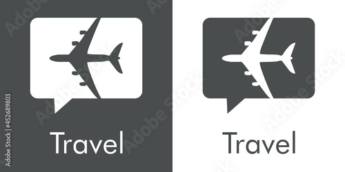 Logotipo con texto Travel y silueta de avión en burbuja de habla en fondo gris y fondo blanco