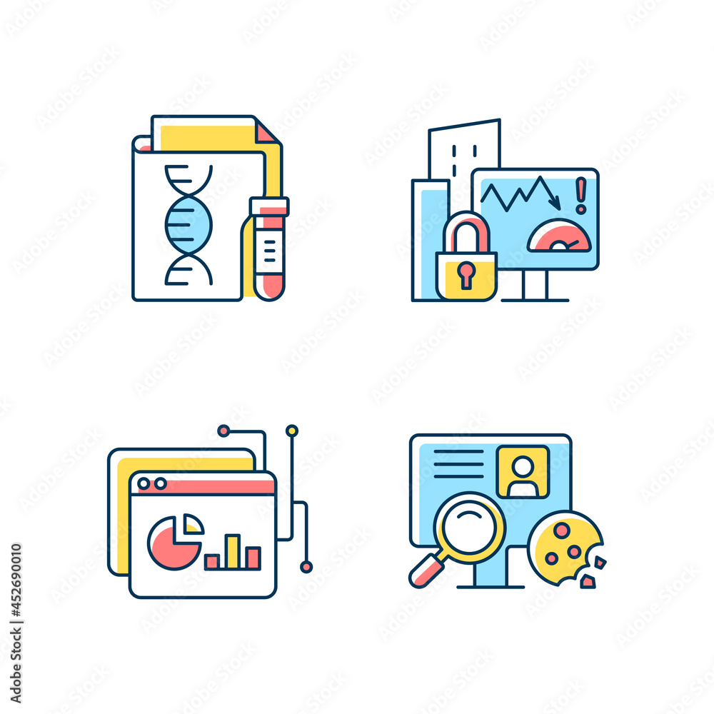 Sensitive data types RGB color icons set. Genetic information. Company risk scoring. Data intelligence platform. HTTP cookie. Isolated vector illustrations. Simple filled line drawings collection