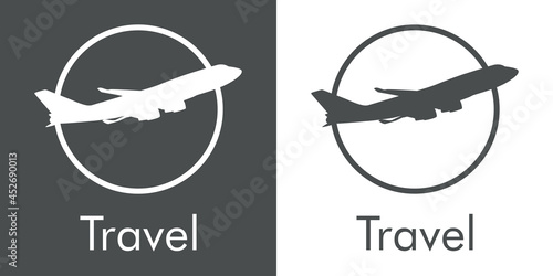 Logotipo con texto Travel y silueta de avión en círculo con lineas en fondo gris y fondo blanco