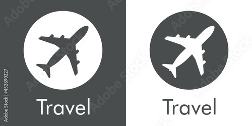 Logotipo con texto Travel y silueta de avión en círculo en fondo gris y fondo blanco