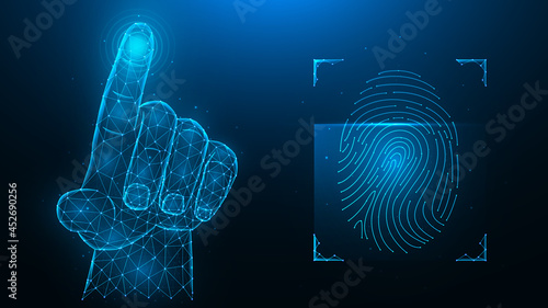 Fingerprint identification concept. Biometric data low poly design. Polygonal vector illustration of a hand pressing with an index finger and a fingerprint on a blue background.