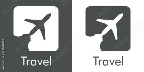 Logotipo con texto Travel y silueta de avión con trayectoria en cuadrado en fondo gris y fondo blanco
