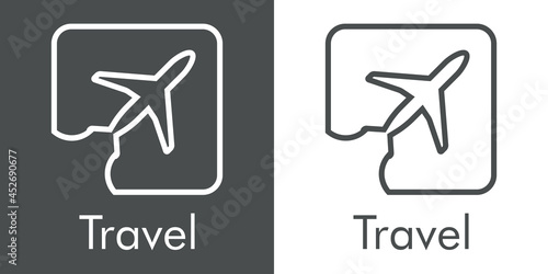 Logotipo con texto Travel y silueta de avión con trayectoria en cuadrado con lineas en fondo gris y fondo blanco