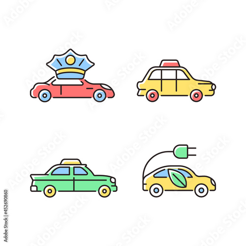 Taxi booking RGB color icons set. Chauffeur hire. Hackney carriage. Vintage looking vehicle. Driving car on electric power. Isolated vector illustrations. Simple filled line drawings collection