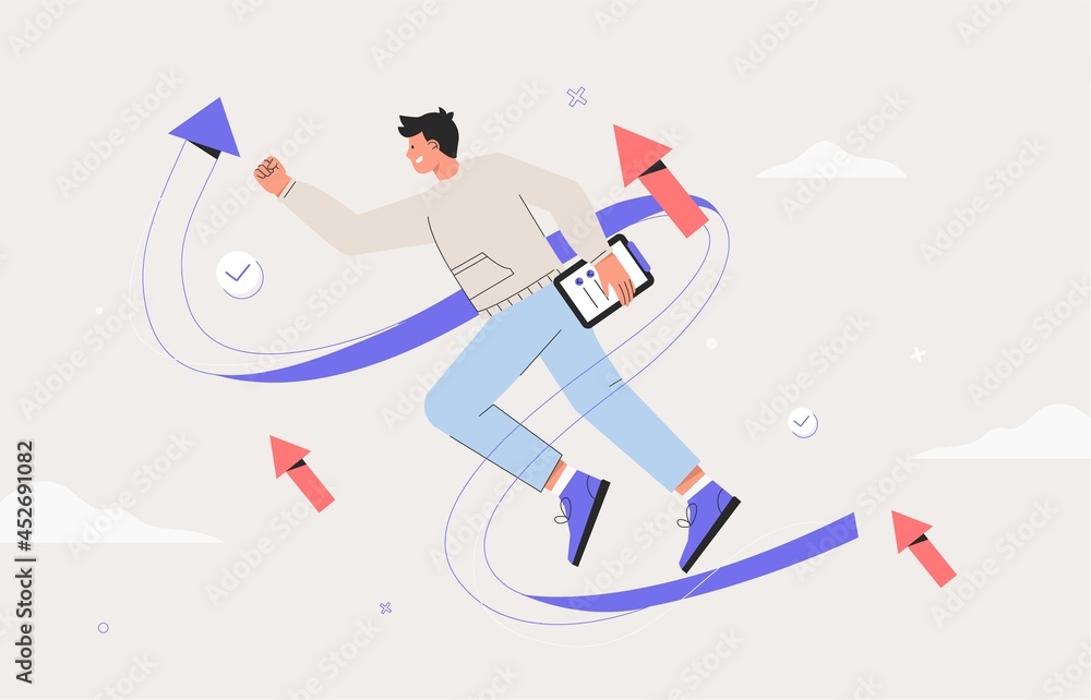 Business vision, strategy success concept. Launching a business project, businessman on the way to a goal, successful startup. Flat style vector illustration.