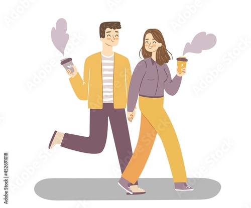 Couple walk with coffee. Cute girl and a guy on a date with coffee to-go. Isolated happy people vector illustration.
