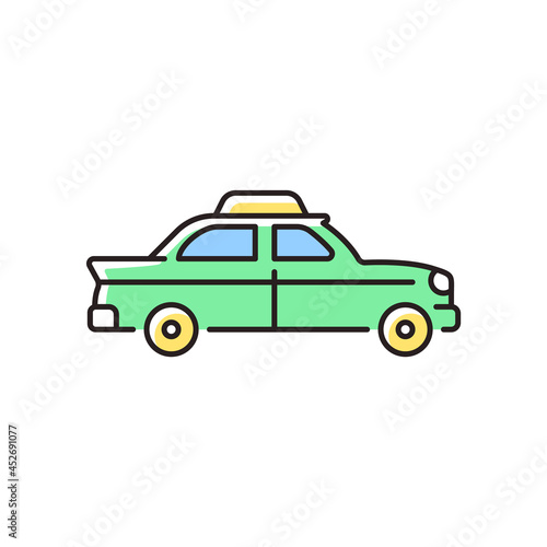Retro taxi car RGB color icon. Taxicab vehicle. Chauffeur-driven transportation. Checker taxi. Vintage looking car. Classic old model. Isolated vector illustration. Simple filled line drawing