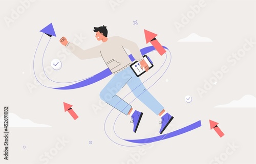 Business vision, strategy success concept. Launching a business project, businessman on the way to a goal, successful startup. Flat style vector illustration.