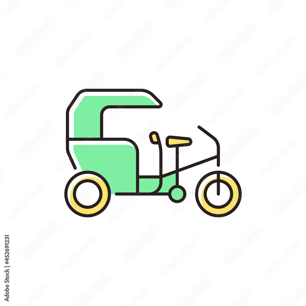 Tricycle taxi RGB color icon. Human-powered three-wheeled vehicle. Bike taxi with passenger cart. Transporting people. Bicycle rickshaw. Isolated vector illustration. Simple filled line drawing Tricycle taxi RGB color icon. Human-powered three-wheeled vehicle. Bike taxi with passenger cart. Transporting people. Bicycle rickshaw. Isolated vector illustration. Simple filled line drawing