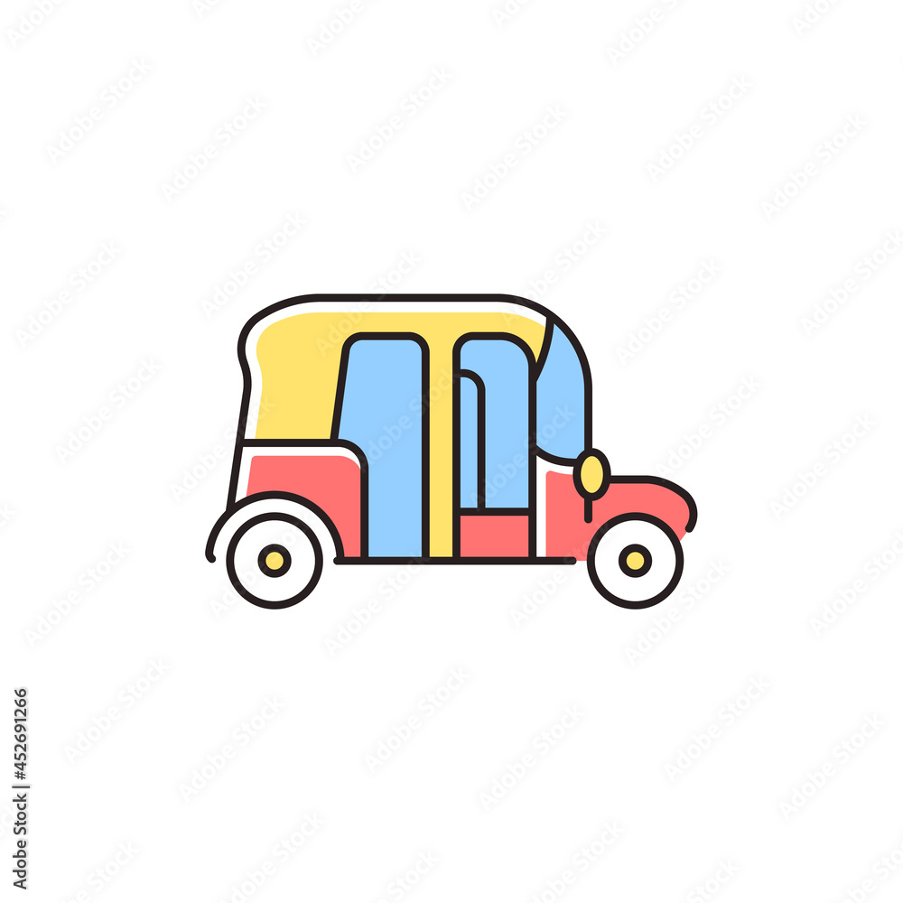 Auto rickshaw RGB color icon. Three-wheeler taxi. Passenger car equivalent. Urban transport. Thai tuk-tuk. Three-wheeled, motorized vehicle. Isolated vector illustration. Simple filled line drawing