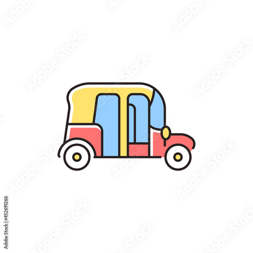 Auto rickshaw RGB color icon. Three-wheeler taxi. Passenger car equivalent. Urban transport. Thai tuk-tuk. Three-wheeled, motorized vehicle. Isolated vector illustration. Simple filled line drawing