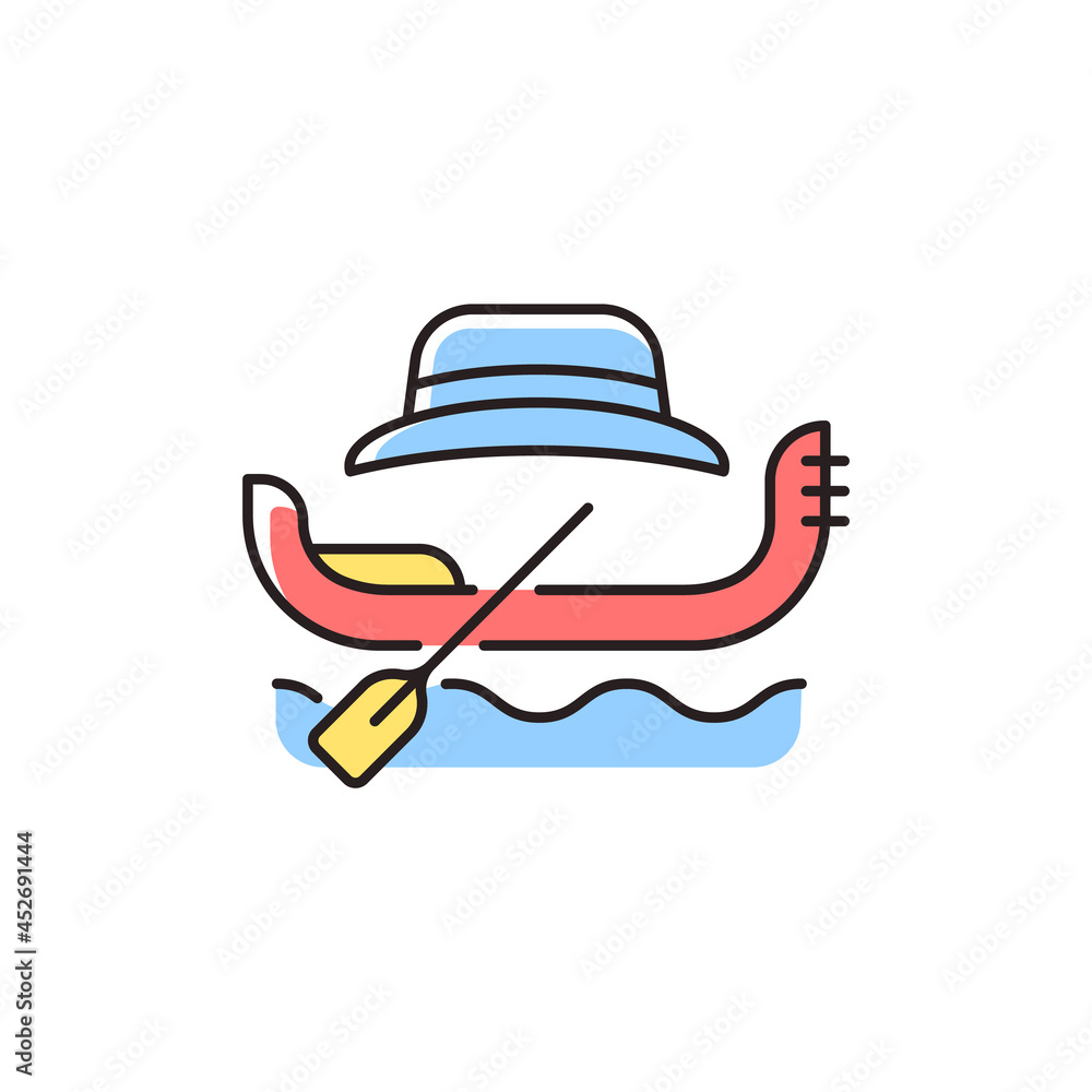 Gondola taxi RGB color icon. Venetian rowing boat for tourists carrying. Water taxi in Venice. Relaxing boat trip. Public transportation. Isolated vector illustration. Simple filled line drawing Gondola taxi RGB color icon. Venetian rowing boat for tourists carrying. Water taxi in Venice. Relaxing boat trip. Public transportation. Isolated vector illustration. Simple filled line drawing