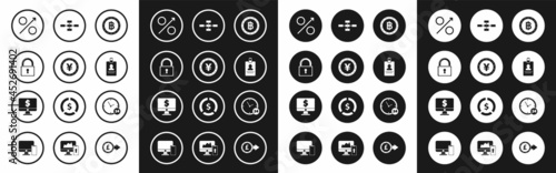 Set Cryptocurrency coin Bitcoin, Lock, Percent up arrow, Identification badge, Business hierarchy organogram chart infographics, Clock 24 hours and Computer monitor dollar icon. Vector