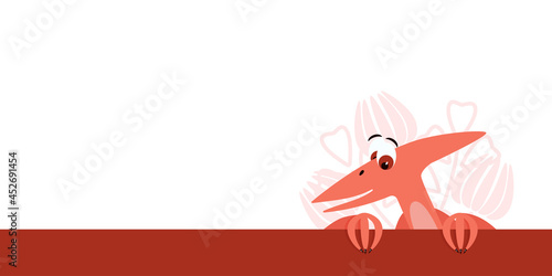 A cute flying, dinosaur peeks out from behind the strip. Children's illustration.