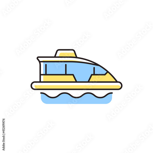 Water taxi RGB color icon. Traveling across harbour. Water bus. Small yellow boat on river. Ferry service. Sightseeing trip. Commercial vessel. Isolated vector illustration. Simple filled line drawing