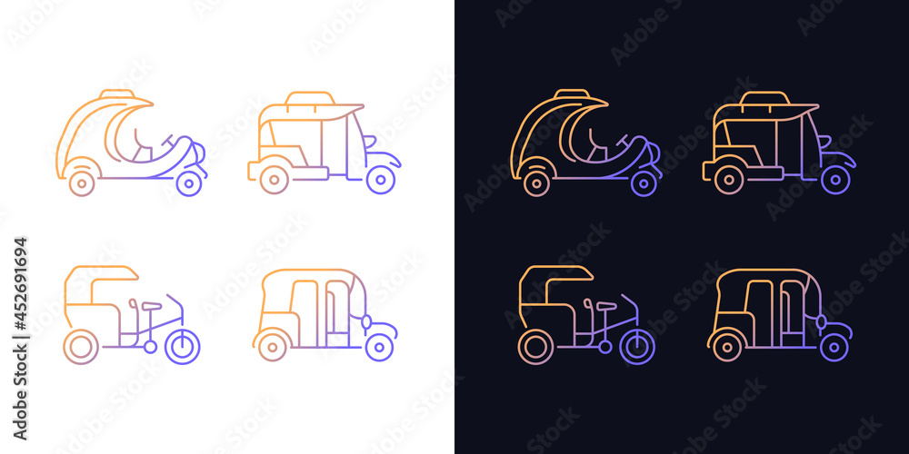 Transporting passengers business gradient icons set for dark and light mode. Rickshaw vehicle. Thin line contour symbols bundle. Isolated vector outline illustrations collection on black and white