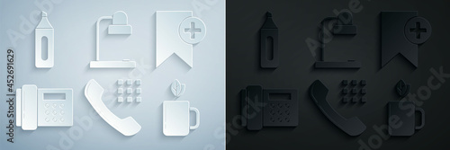 Set Telephone handset, Bookmark, Cup of tea leaf, Table lamp and Marker pen icon. Vector