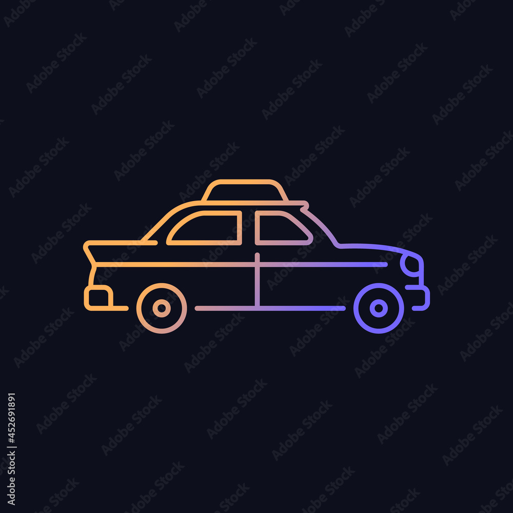 Retro taxi car gradient vector icon for dark theme. Taxicab vehicle. Chauffeur-driven transportation. Checker taxi. Thin line color symbol. Modern style pictogram. Vector isolated outline drawing Retro taxi car gradient vector icon for dark theme. Taxicab vehicle. Chauffeur-driven transportation. Checker taxi. Thin line color symbol. Modern style pictogram. Vector isolated outline drawing