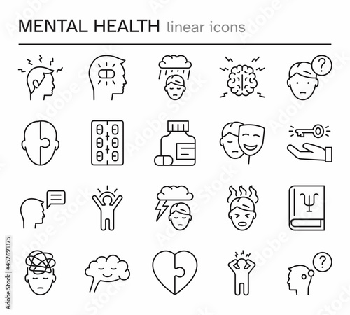 Mental health thin line icons set. Psychology concept. Mono line vector pictograms. Editable Stroke.