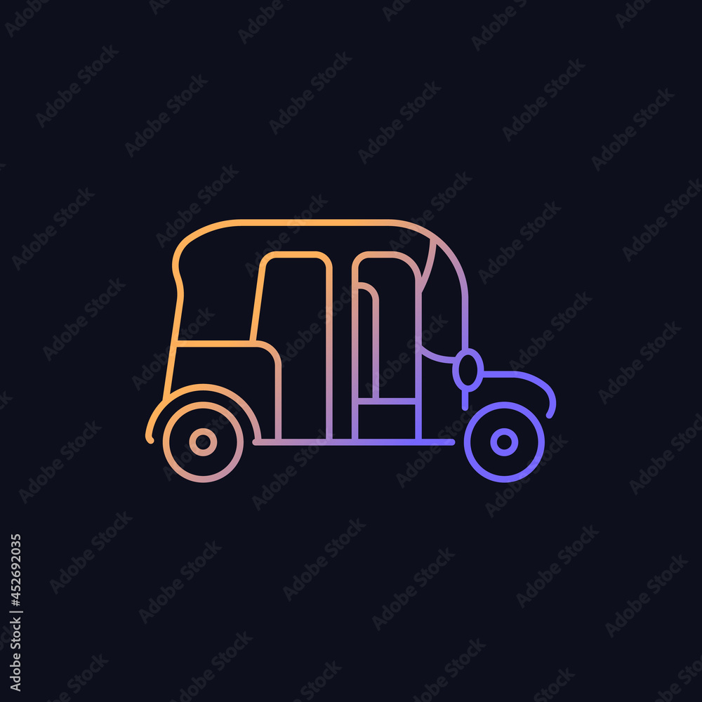 Fototapeta premium Auto rickshaw gradient vector icon for dark theme. Three-wheeler taxi. Passenger car equivalent. Urban transport. Thin line color symbol. Modern style pictogram. Vector isolated outline drawing