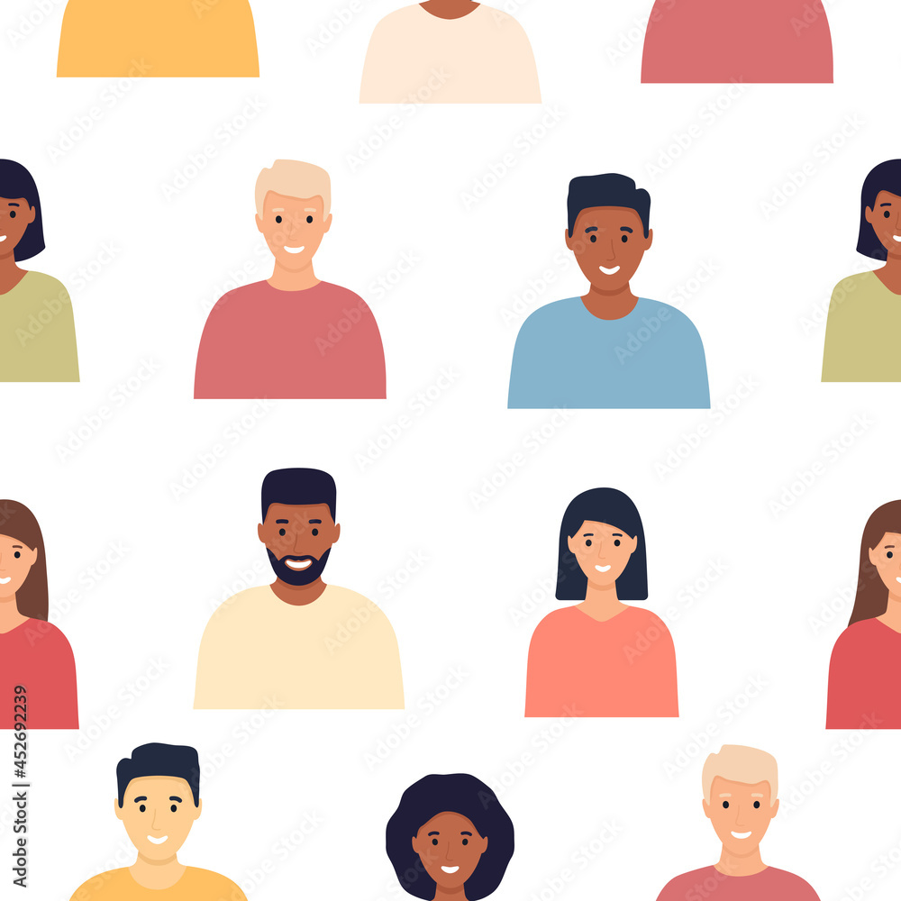 World business multinational people characters community concept. Multicultural businessman and businesswoman crowd seamless pattern. Diverse people avatars group. Vector illustration isolated World business multinational people characters community concept. Multicultural businessman and businesswoman crowd seamless pattern. Diverse people avatars group. Vector illustration isolated