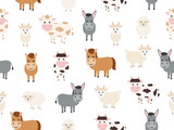 Farm animals seamless pattern. Bull, cow, donkey, horse, sheep and goat flat character. Vector illustration isolated on white.