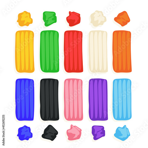 Kids modeling clay, colorful plasticine set. Art process, creative workshop. Hand drawn illustration in modern cartoon flat style. Plasticine bricks and clay pieces.