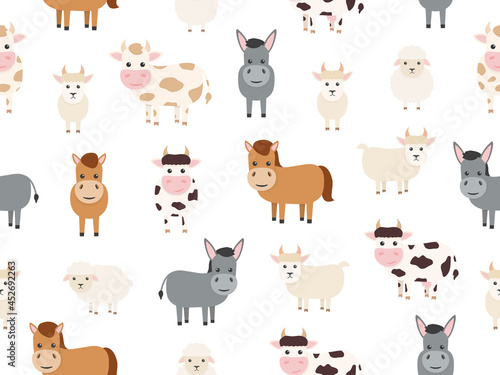 Farm animals seamless pattern. Bull, cow, donkey, horse, sheep and goat flat character. Vector illustration isolated on white.