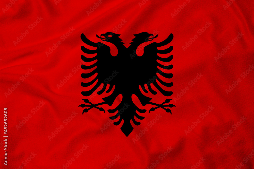 Flag of Albania, realistic 3d rendering with texture Flag of Albania, realistic 3d rendering with texture