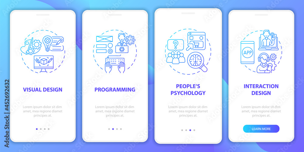 UI design onboarding mobile app page screen. Programming, people psychology walkthrough 4 steps graphic instructions with concepts. UI, UX, GUI vector template with linear color illustrations