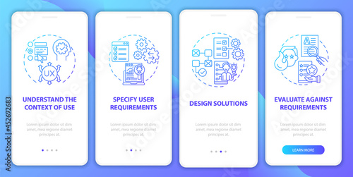 User centered design onboarding mobile app page screen. Understand context of use walkthrough 4 steps graphic instructions with concepts. UI, UX, GUI vector template with linear color illustrations