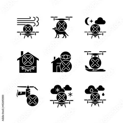 Drone restrictions black glyph manual label icons set on white space. No spying. Pet safety. Potential hazard. Silhouette symbols. Vector isolated illustration for product use instructions