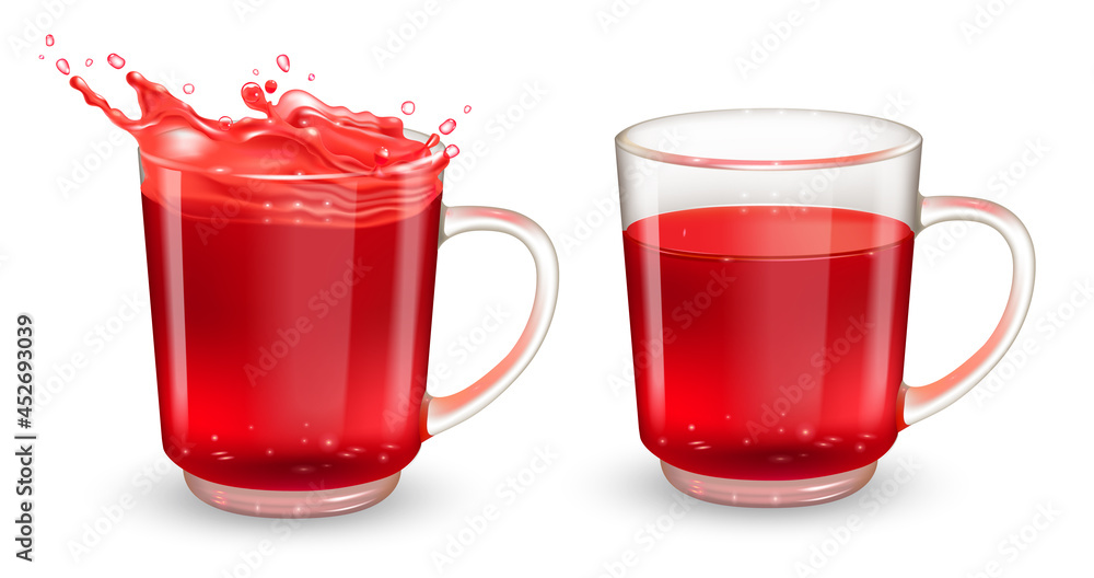Set of tea transparent cups with red hibiscus tea. Vector realistic design elements. Set of tea transparent cups with red hibiscus tea. Vector realistic design elements.