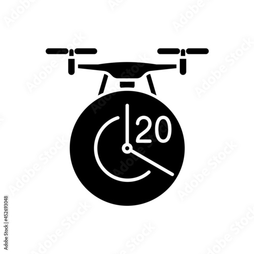 Maximum flight time black glyph manual label icon. Twenty minutes limitation. Flight duration. Silhouette symbol on white space. Vector isolated illustration for product use instructions