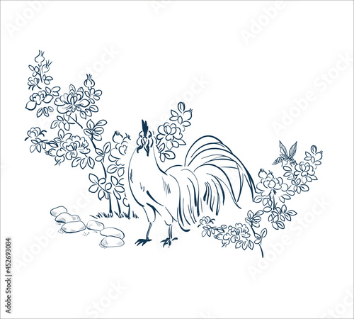 rooster japanese chinese design sketch ink paint style card background peasant landsape birds chicken lespedeza