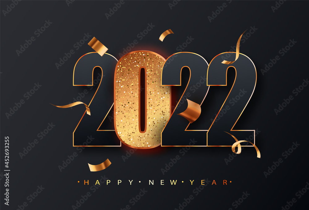 2022 New Year sign. Black numbers 2022 with golden glitter numbers on ...