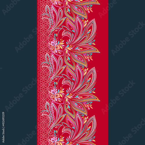 The phoenix - seamless dotted folk art colored border on a black background. Vector bright pattern for design.