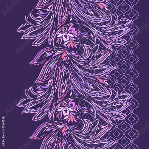 The phoenix - seamless dotted lace folk art colored border on a purple background. Vector bright pattern for design.