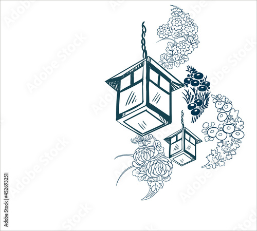 japanese vector sketch illustration engraved chinese paper lights lantern card sakura