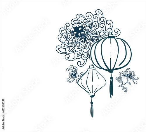japanese vector sketch illustration engraved chinese paper lights lantern card sakura