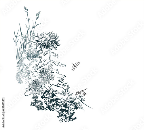 flower japanese chinese design sketch ink paint style card background