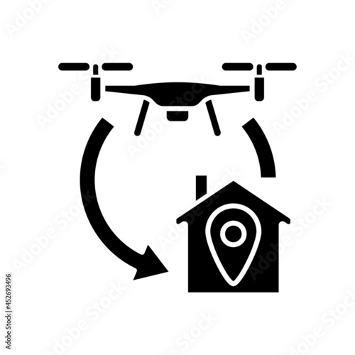 Return to home function black glyph manual label icon. Autonomous flight feature. Flying to RTH location. Silhouette symbol on white space. Vector isolated illustration for product use instructions