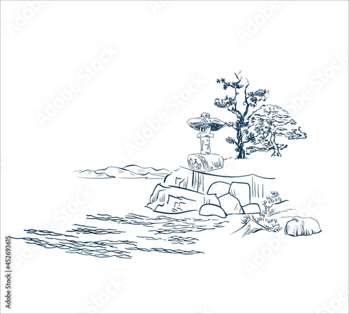 mountains nature landscape view vector sketch illustration japanese chinese oriental line art