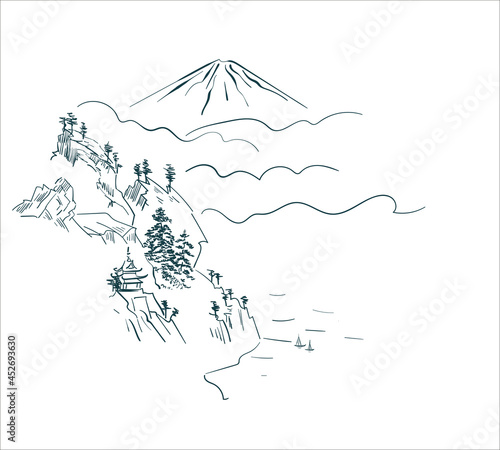 fuji mountains nature landscape view vector sketch illustration japanese chinese oriental line art