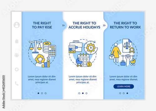 Maternity leave rights onboarding vector template. Responsive mobile website with icons. Web page walkthrough 3 step screens. Work entitlements color concept with linear illustrations