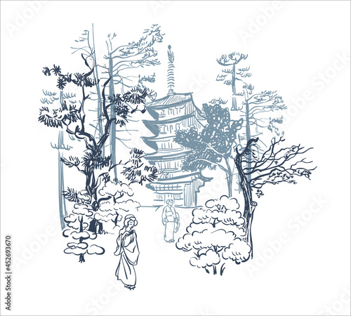 mountains nature landscape view vector sketch illustration japanese chinese oriental line art