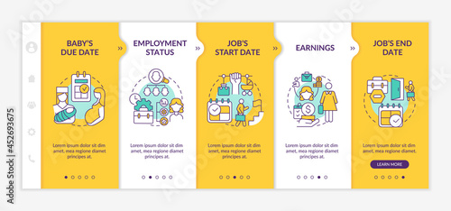 Calculating maternity pay requirements onboarding vector template. Responsive mobile website with icons. Web page walkthrough 5 step screens. Color concept with linear illustrations