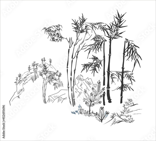 bamboo forest mountains nature landscape view vector sketch illustration japanese chinese oriental line art