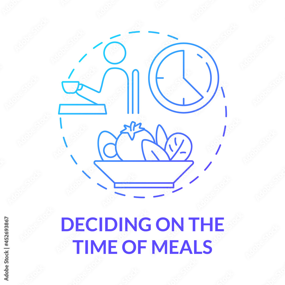 Fototapeta premium Deciding on time of meals blue gradient concept icon. Eating schedule abstract idea thin line illustration. Meal planning. Regular eating. Time for breakfast. Vector isolated outline color drawing